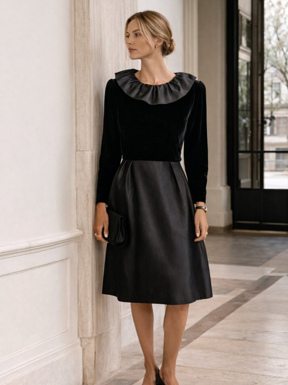 Bill Blass VTG 70's Cocktail Evening Dress Black Satin & Velvet Elegant XS